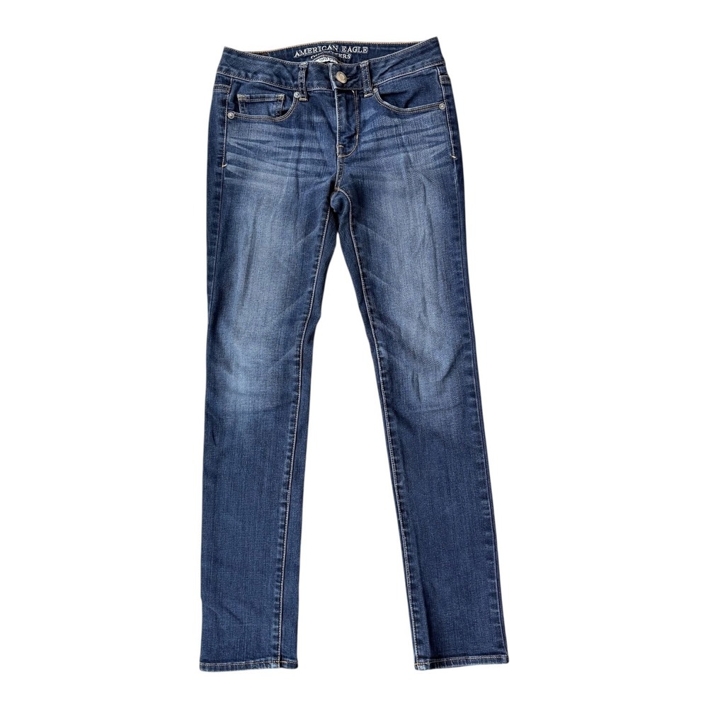 Y2K American Eagle Super Stretch Low Rise Jeans Sz 2 Short Blue Denim Dark Wash